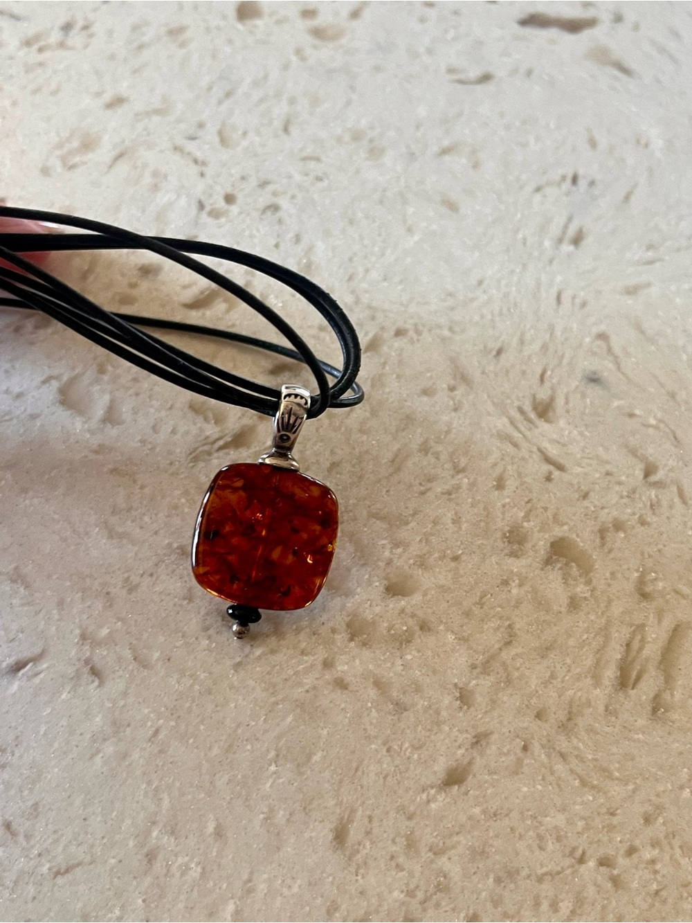 Silpada Baltic Amber Pendant Necklace. Leather and Sterling Silver.